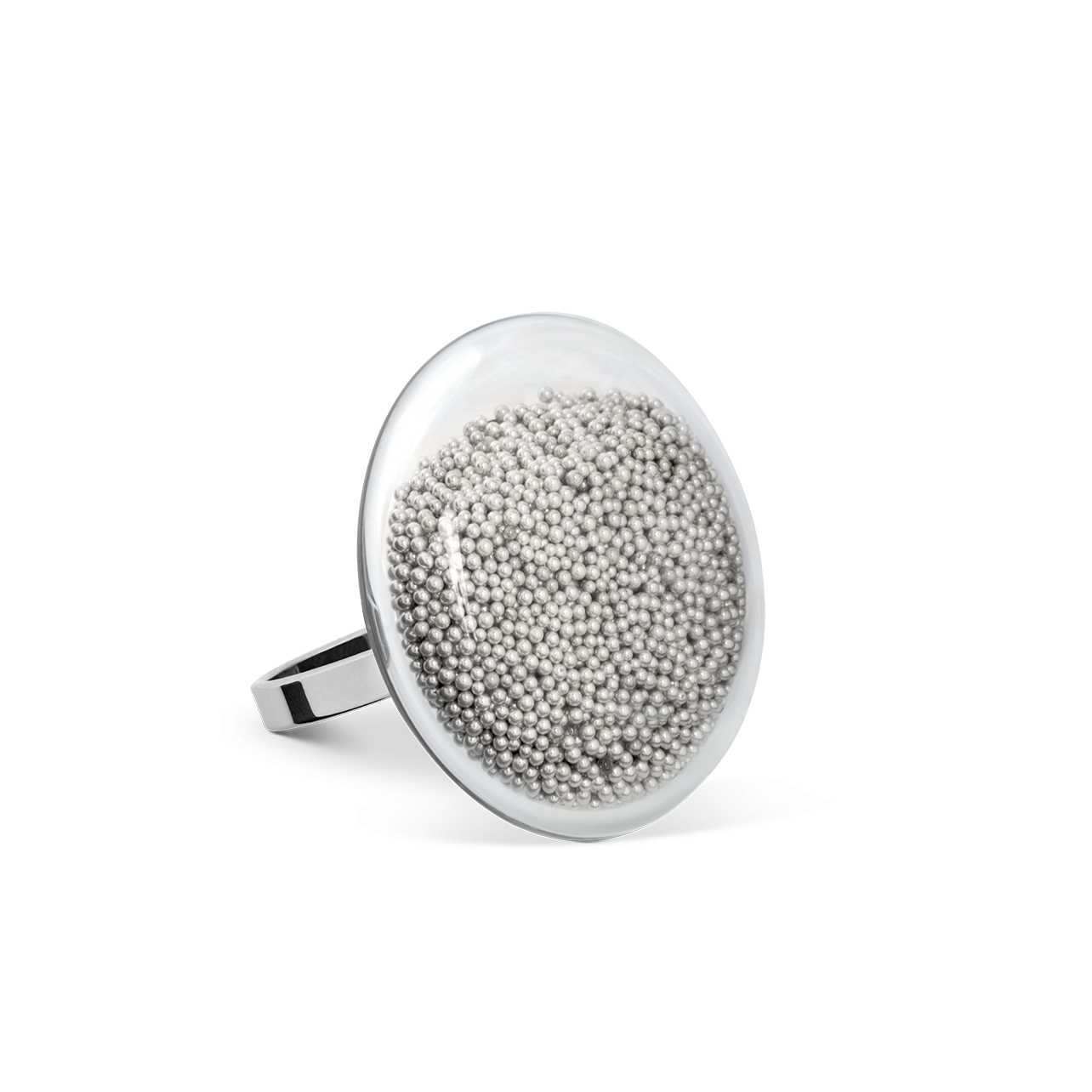 Bague Flex Argentée - 1/2 Cube De Verre Rempli De Mini Billes Nacrées - Taille Adaptable 56 à 62