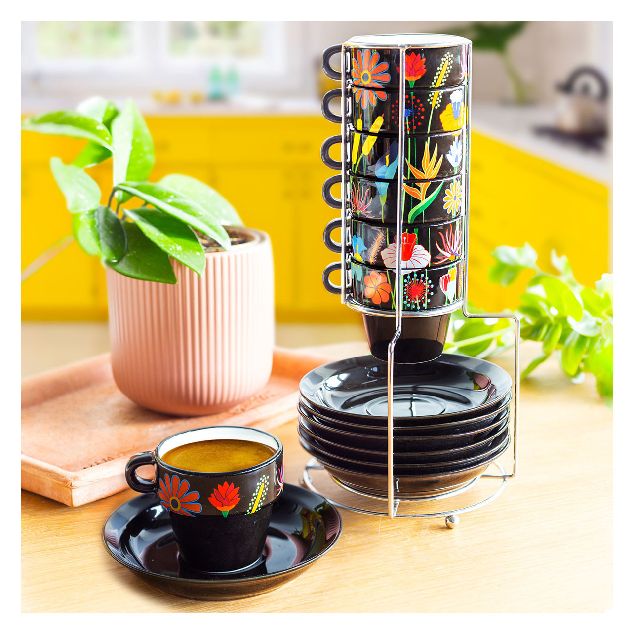 GOMETY Lot De 4 Mini Tasses à Expresso 70ml Avec Anse En Bois - Céramique Artisanale Pour Café Et Thé