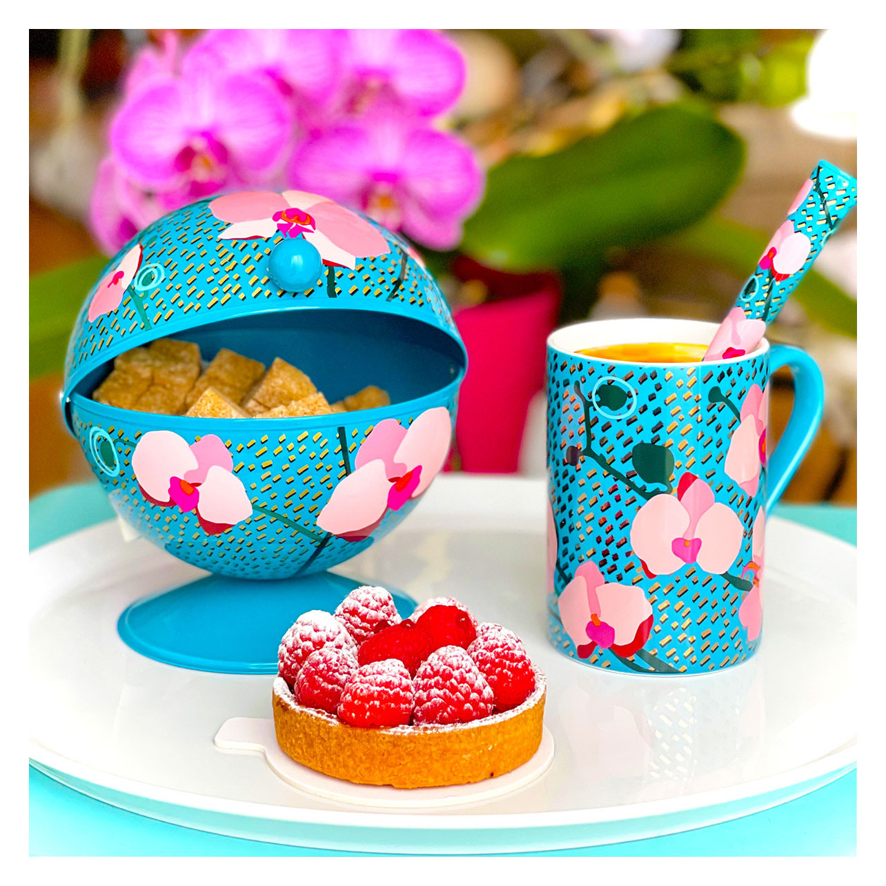 Sucrier Boule à Sucre Pylones - Design Orchid Blue - Rangement Déco Pour Cuisine, Bureau Ou Salle De Bain - Métal Émaillé