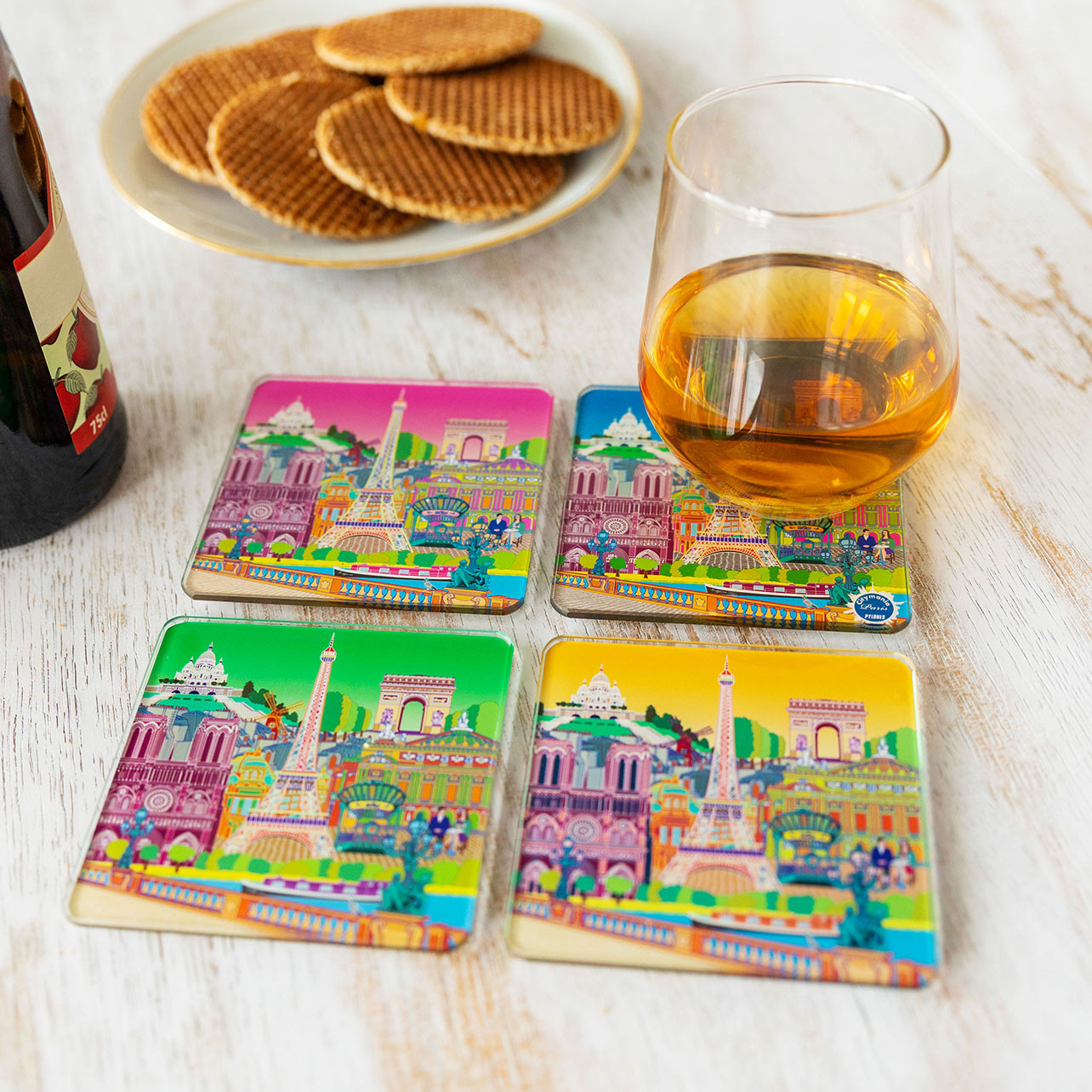 Route 66 Untersetzer Set – 4 Stück, Quadratisch, 9x9 Cm | Mit Korkboden, Glänzendes Design