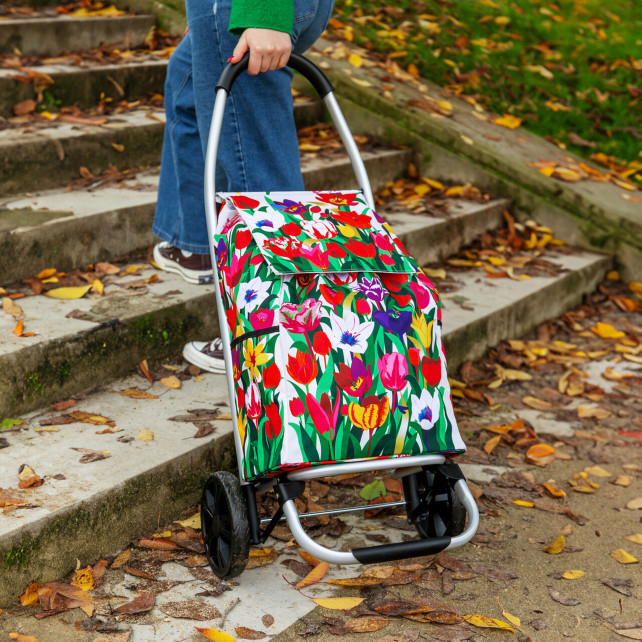 Garmol - Carrello Per La Spesa Pieghevole, 55 Litri, Bianco E Rosso, Telaio A 4 Ruote, Con Tasca Posteriore